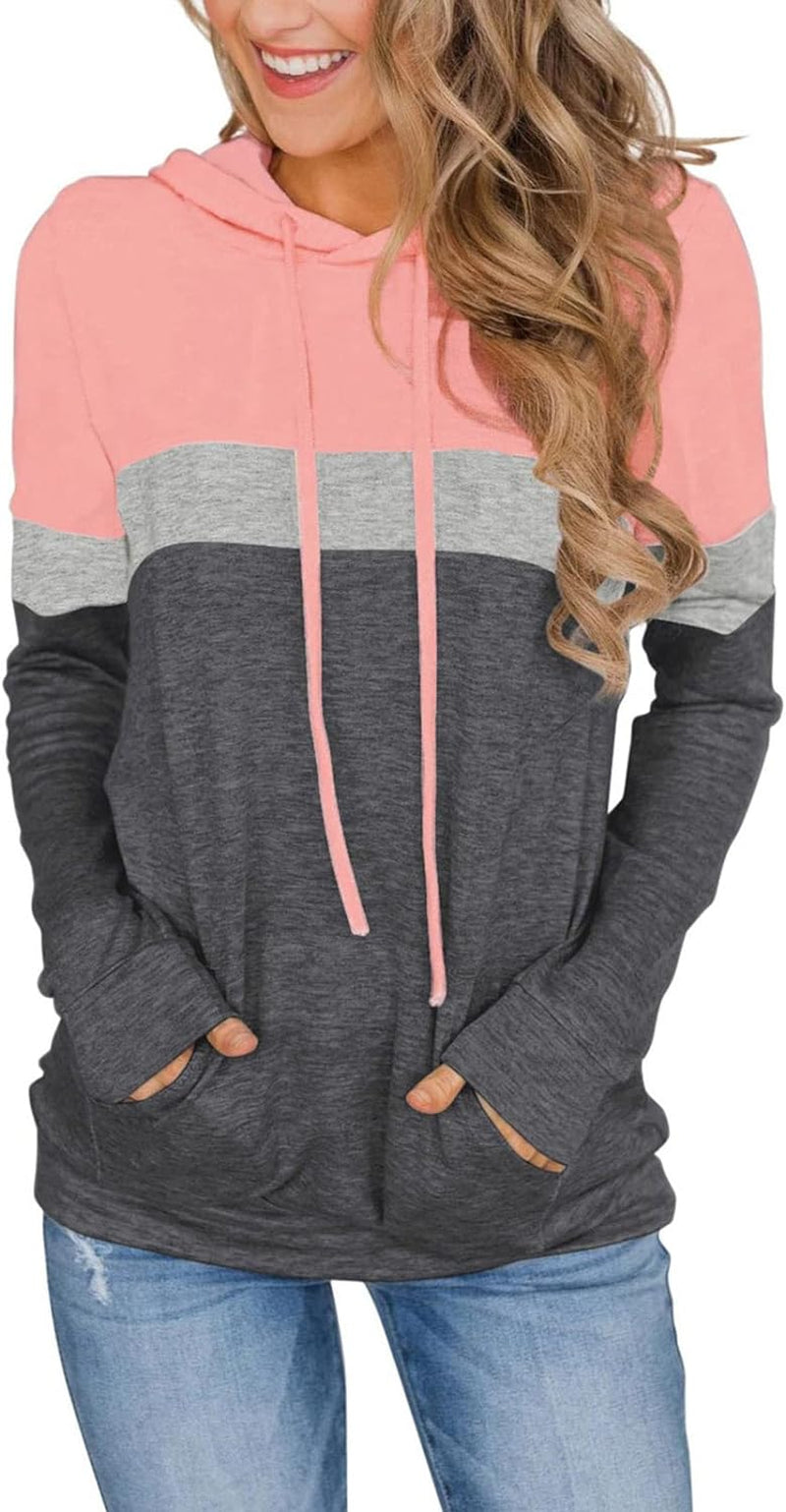 Women'S Pullover Long Sleeve Fall Hoodies Color Block Tunics Loose Casual Sweatshirts Pink X-Large