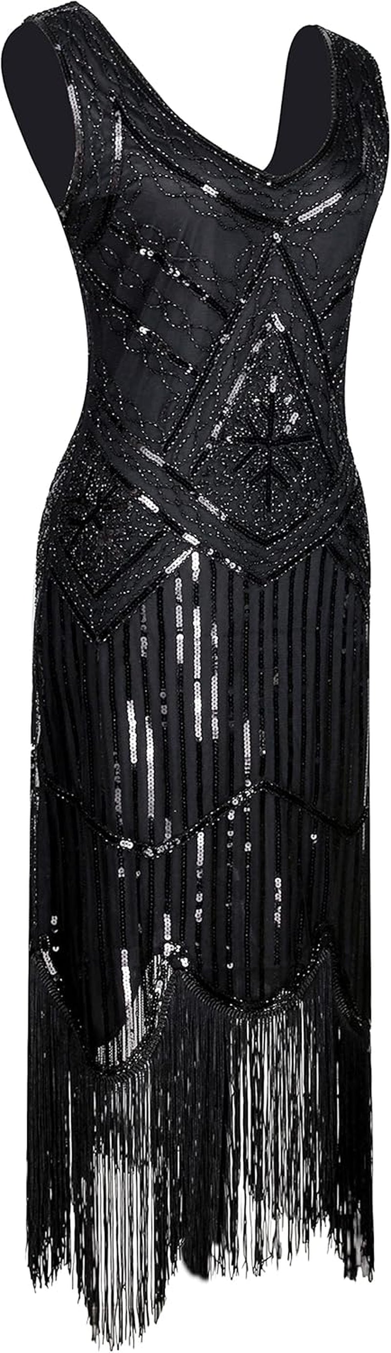 20S Flapper Gatsby Sequin Beaded Evening Cocktail Dress with Accessories Set