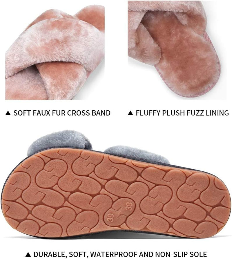 Women'S 801 Cross Band Slippers, Soft Plush Furry Open Toe Fur Slides, Fuzzy Fluffy Slip on House Shoes Indoor Outdoor Slippers