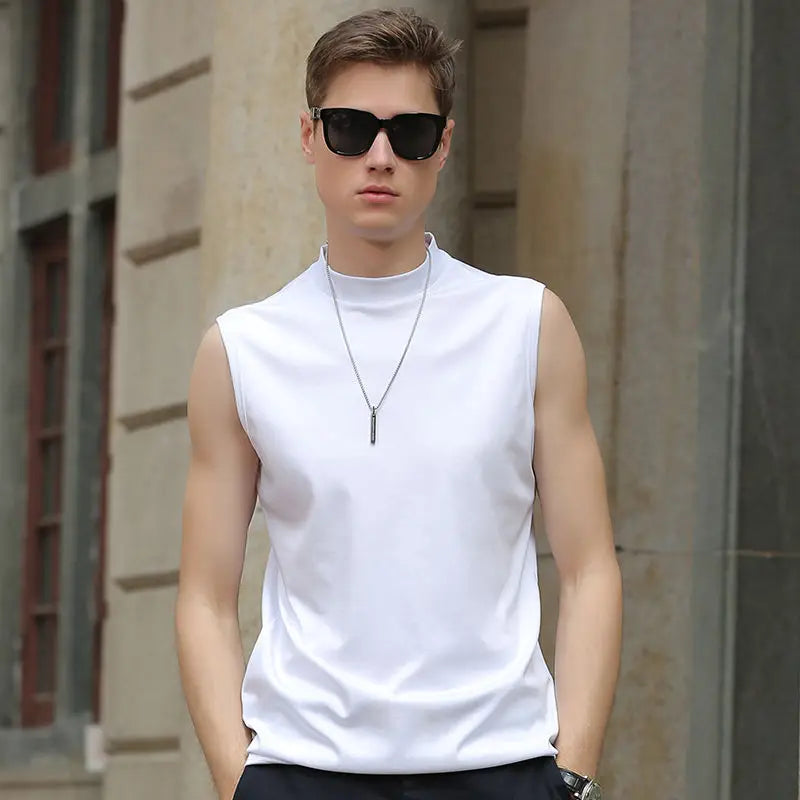 Men'S Modal Vest T-Shirt with High Collar Solid Color Sleeveless Tank Top for Summer Slim Fit Fitness Sportswear Clothes Tops