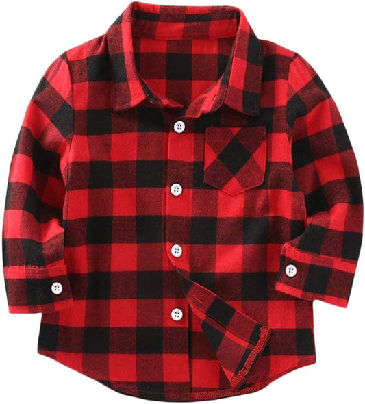 Kids Little Boys Girls Baby Long Sleeve Button down Red Plaid Flannel Shirt Plaid Girl Boy NB-6T