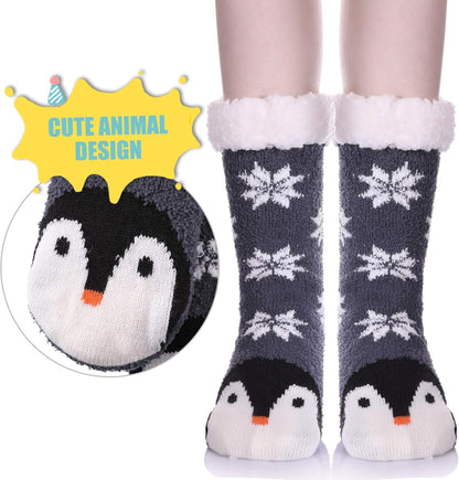 Non Slip Slipper Socks for Womens Fuzzy Soft Cozy Grippers Winter Warm Animal Fleece-Lined Home Socks