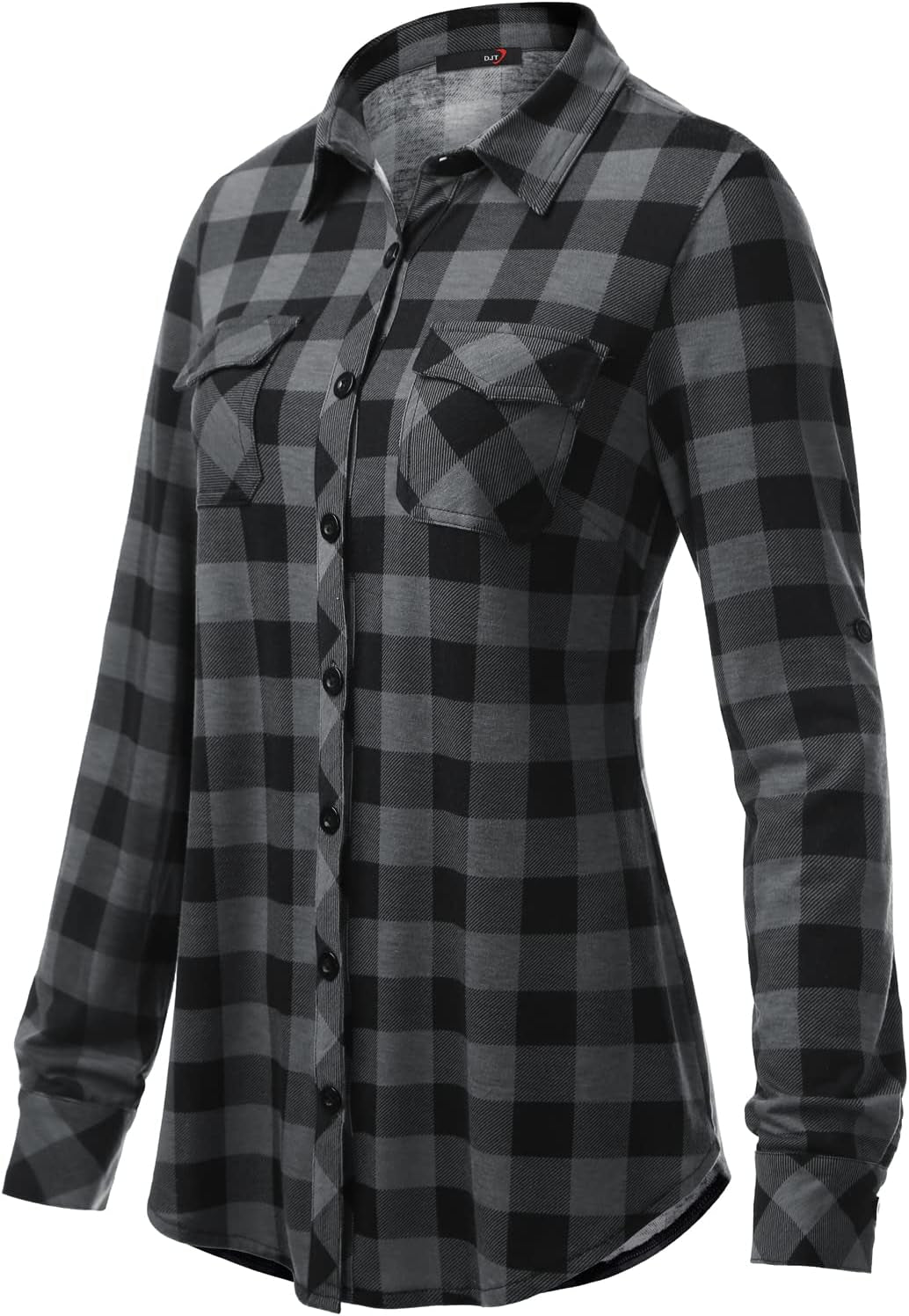 Womens Soft Stretchy Knit Plaid Shirts Roll up Long Sleeve Collared Button down Blouses Tops