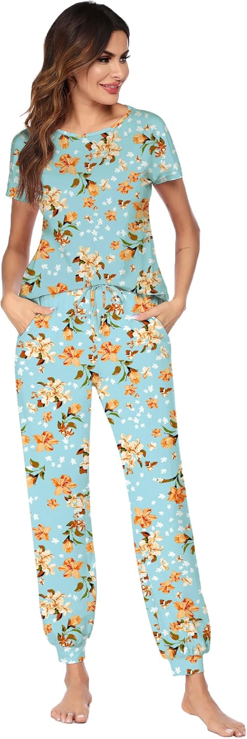 Womens Pajamas Set Short Sleeve Cute Printed Tops and Pants 2 Piece PJ Sets Joggers Loungewear Sleepwear with Pockets