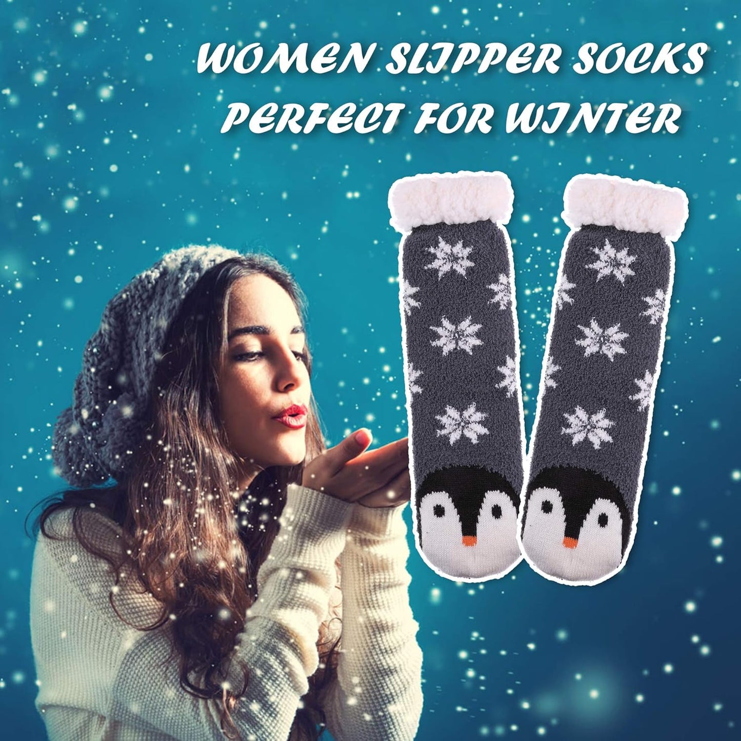 Non Slip Slipper Socks for Womens Fuzzy Soft Cozy Grippers Winter Warm Animal Fleece-Lined Home Socks