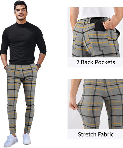 Mens Plaid Dress Pants Stretch Chino Pants Men Slim Fit