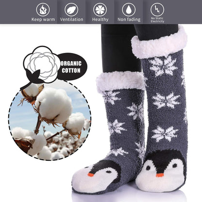 Non Slip Slipper Socks for Womens Fuzzy Soft Cozy Grippers Winter Warm Animal Fleece-Lined Home Socks