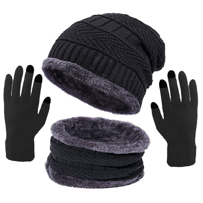 3 Pcs Winter Beanie Hat Scarf Gloves Set for Men Women, Thick Warm Cap Neck Scarf Touchscreen Gloves Fleece Lined Knitted Skull Hat, Christmas Day Gift, Black