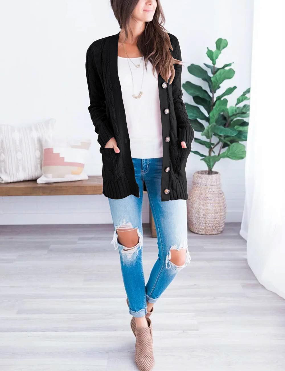 Women'S 2024 Fall Long Sleeve Cable Knit Sweater Open Front Cardigan Button Loose Outerwear