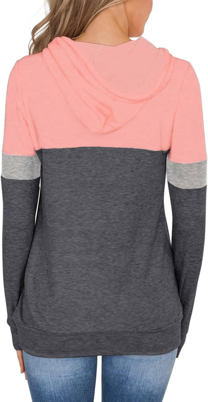 Women'S Pullover Long Sleeve Fall Hoodies Color Block Tunics Loose Casual Sweatshirts Pink X-Large