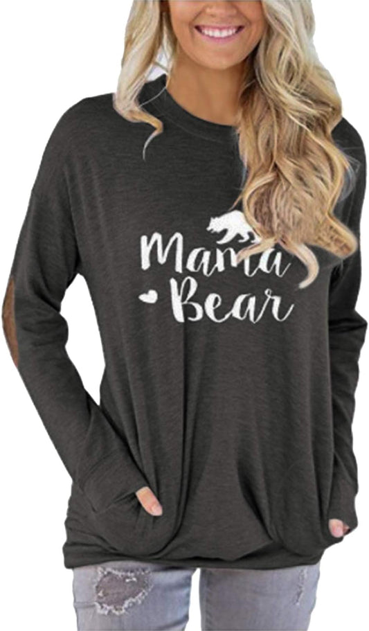 Women'S Mama Bear Shirt Long Sleeve Patches Pockets Top Black Size S