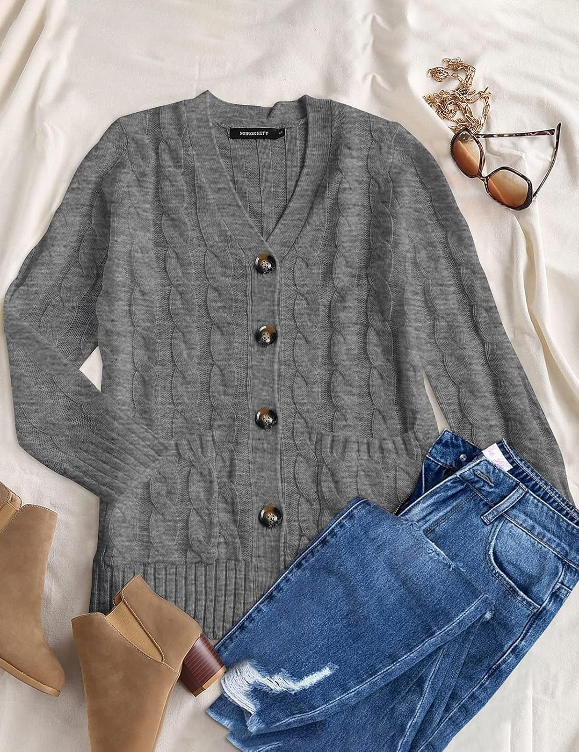 Women'S 2024 Fall Long Sleeve Cable Knit Sweater Open Front Cardigan Button Loose Outerwear