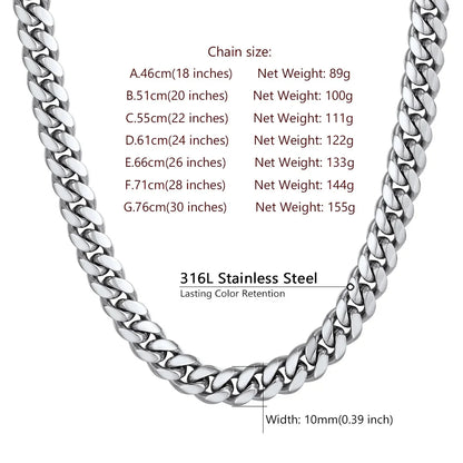 Men'S Stainless Steel Cuban Link Chain Necklace 10MM 18Inch Hip Hop Jewelry