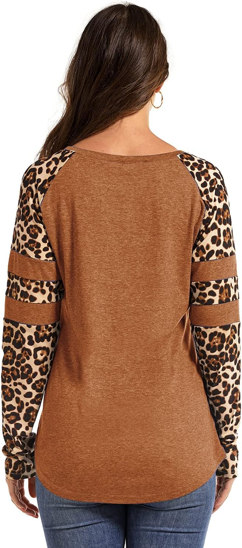 Women'S Long/Short Sleeve Leopard Print Color Block Tunic Tops Casual Raglan Shirt