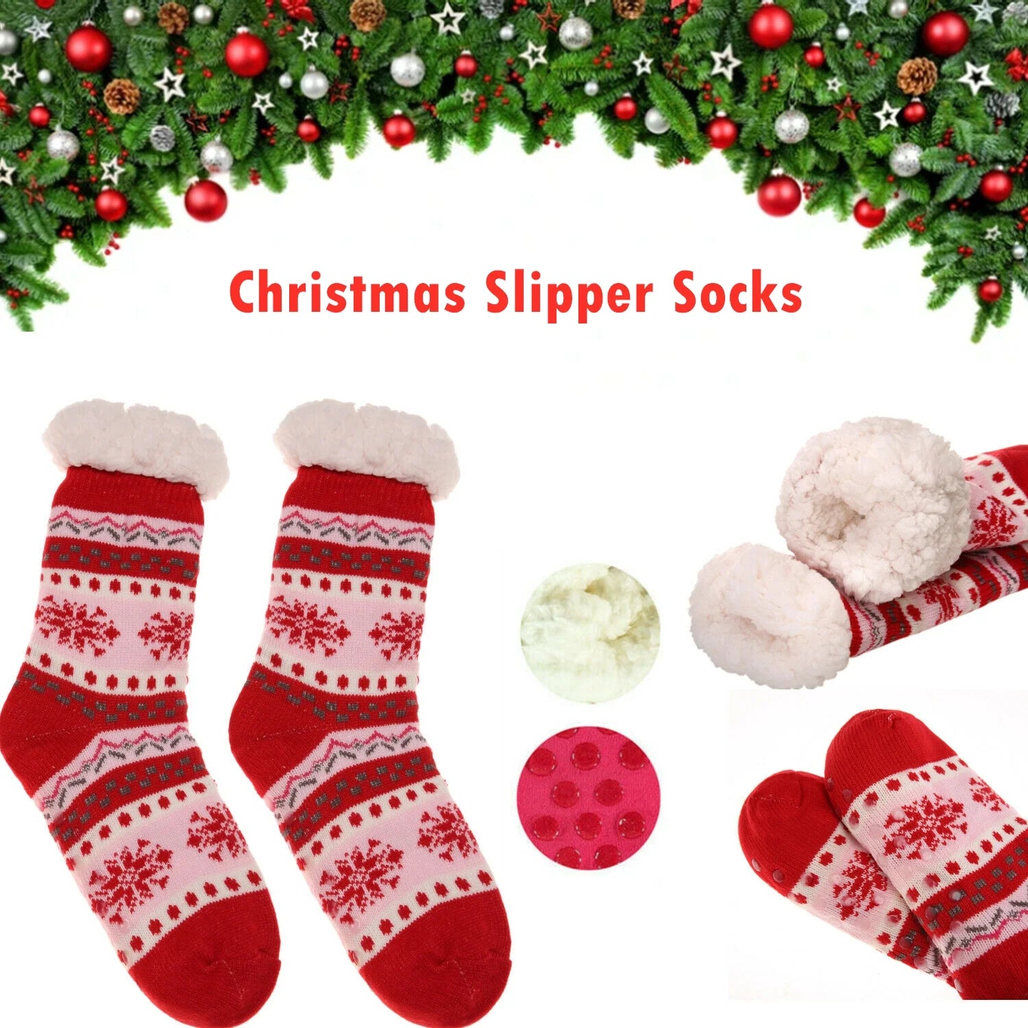 1Pair Women Fleece Slipper Socks Thermal Cozy Fuzzy Sherpa Christmas Socks Non-Skid US 5-11 Red