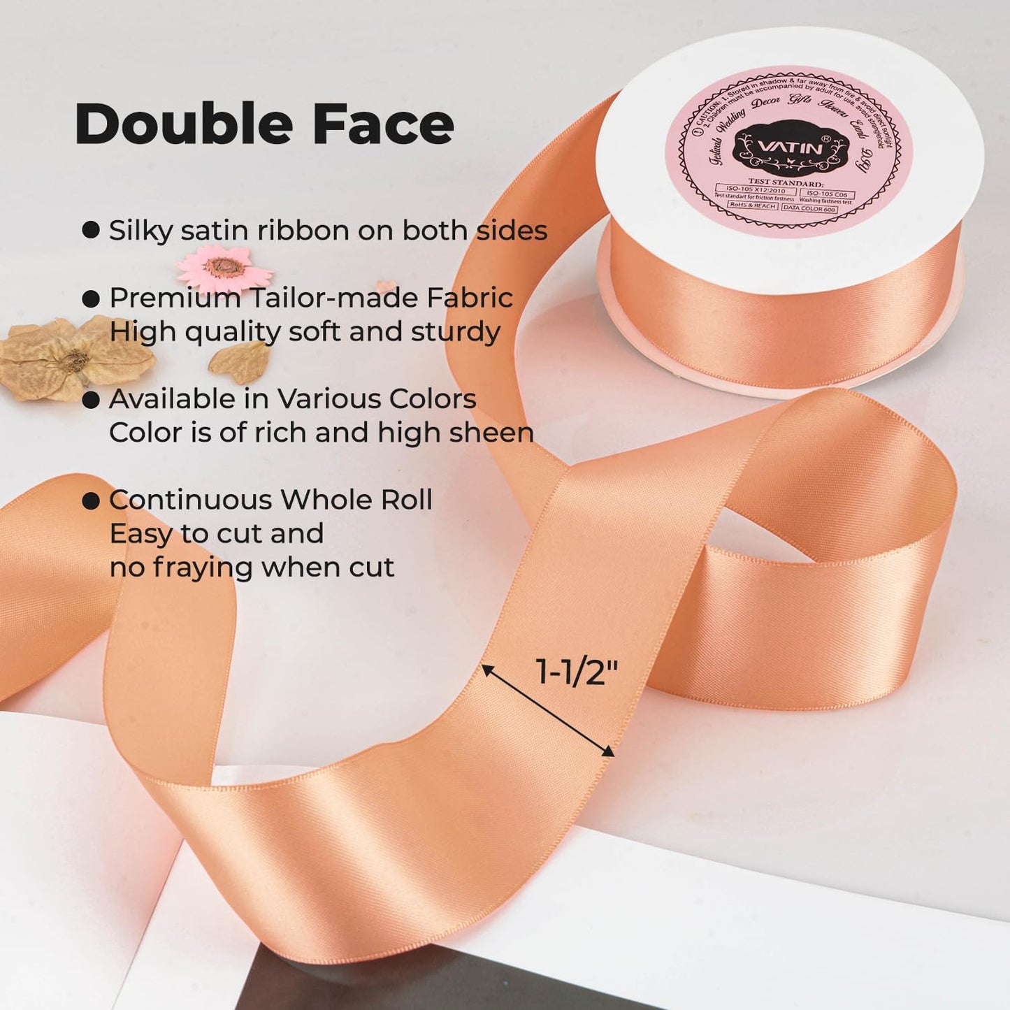 Double Face Salmon Satin Ribbon 1-1/2" Continuous 25 Yards,Orange Polyester Fabric Ribbon Use for Bows Bouquet, Gift Wrapping, Floral Arrangement Wedding Decoration