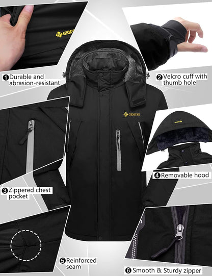 Men'S Windproof Ski Jacket Warm Raincoats Snowboarding Hooded Parka with Multi-Pockets