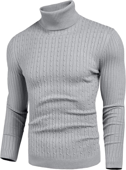 Mens Slim Fit Turtleneck Sweater Cable Knit Thermal Pullover Sweater