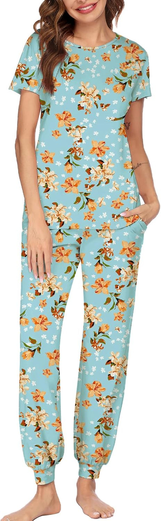 Womens Pajamas Set Short Sleeve Cute Printed Tops and Pants 2 Piece PJ Sets Joggers Loungewear Sleepwear with Pockets