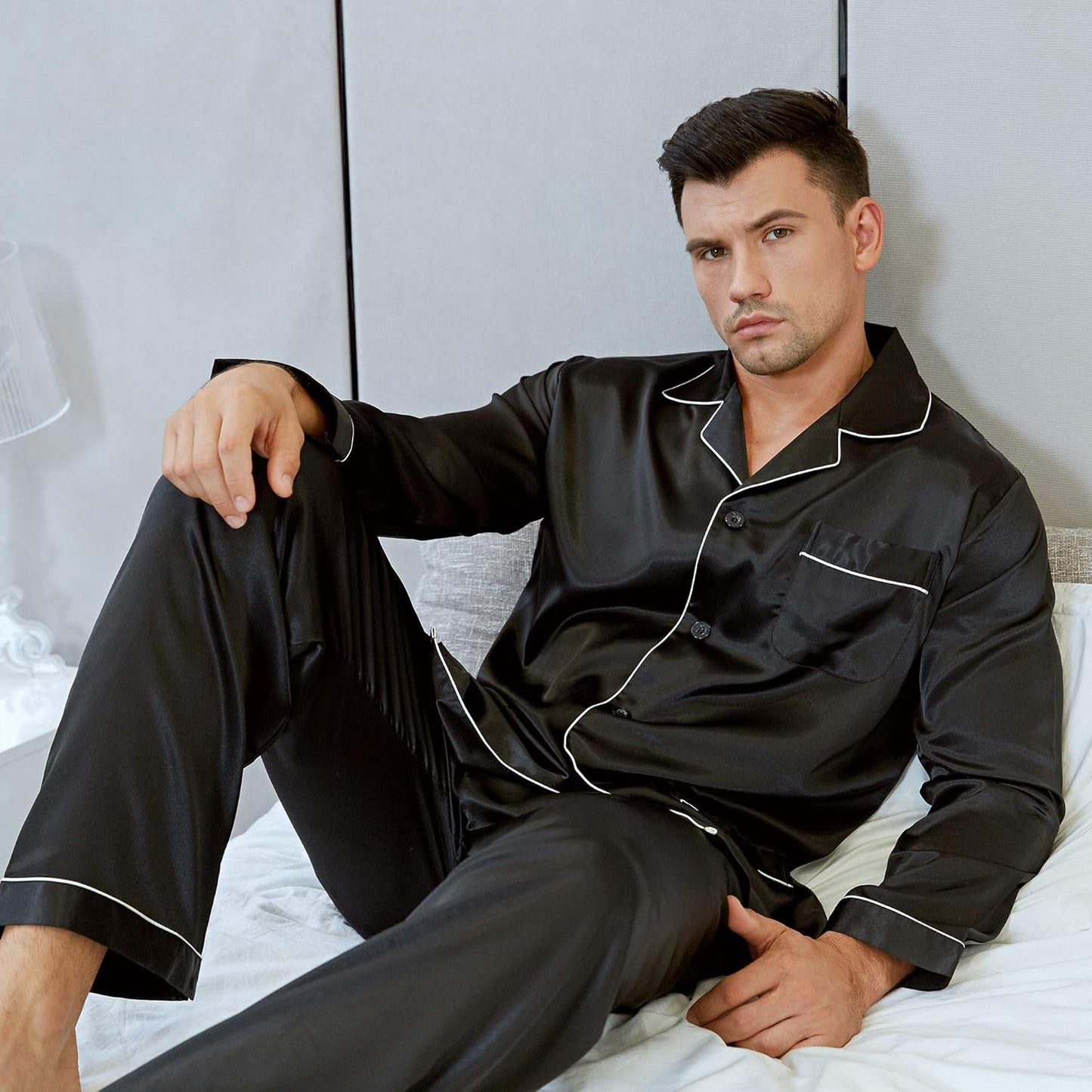 Pajamas Set Mens Silk Satin Pajamas Long Sleeve Loungewear Two-Piece Sleepwear Button-Down Pj Set S-XXXXL