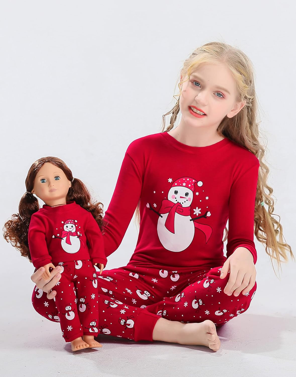 Girls Matching Doll&Toddler 4 Piece Cotton Pajamas Toddler Christmas Sleepwear