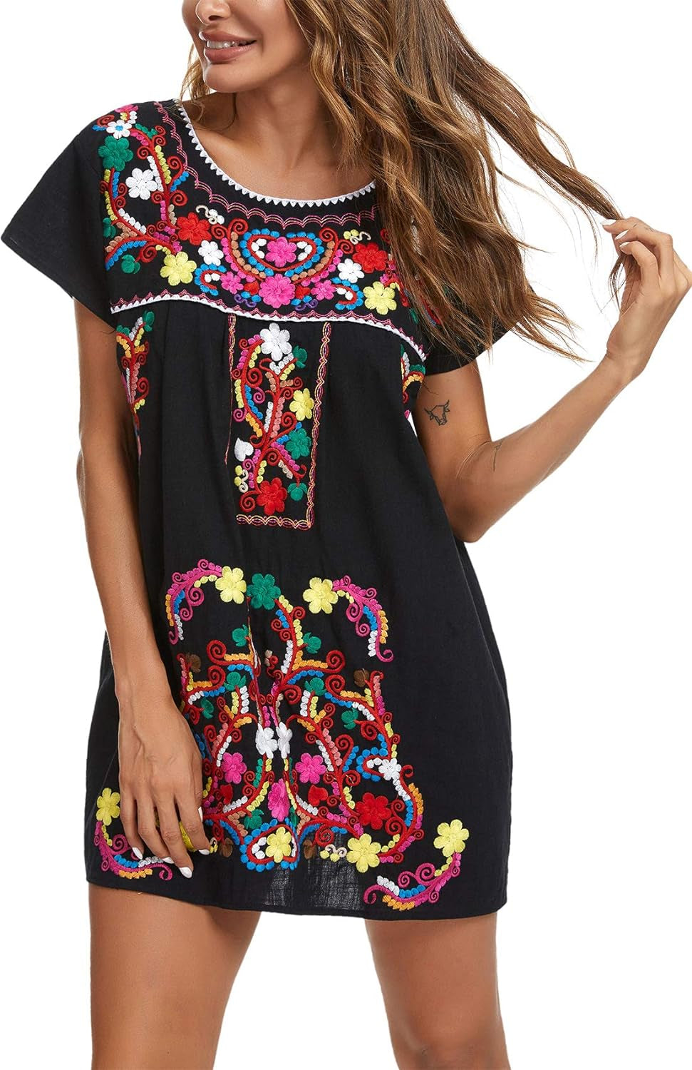 Women Mexican Embroidered Dress Short Sleeve