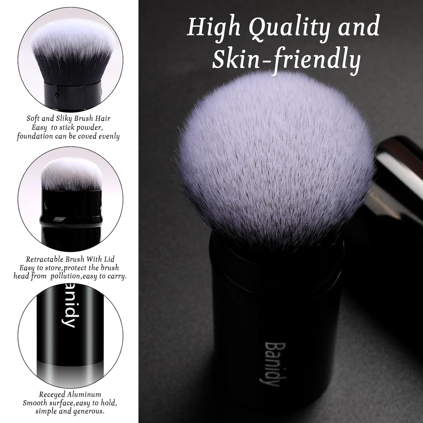 Makeup Brush Kabuki Face Brushes Retractable Travel Blush Brush Portable Flawless for Foundation, Powder Blush, Bronzer, Buffing, Liquid, Cream, Cruelty Free with Cover(Round-Head)