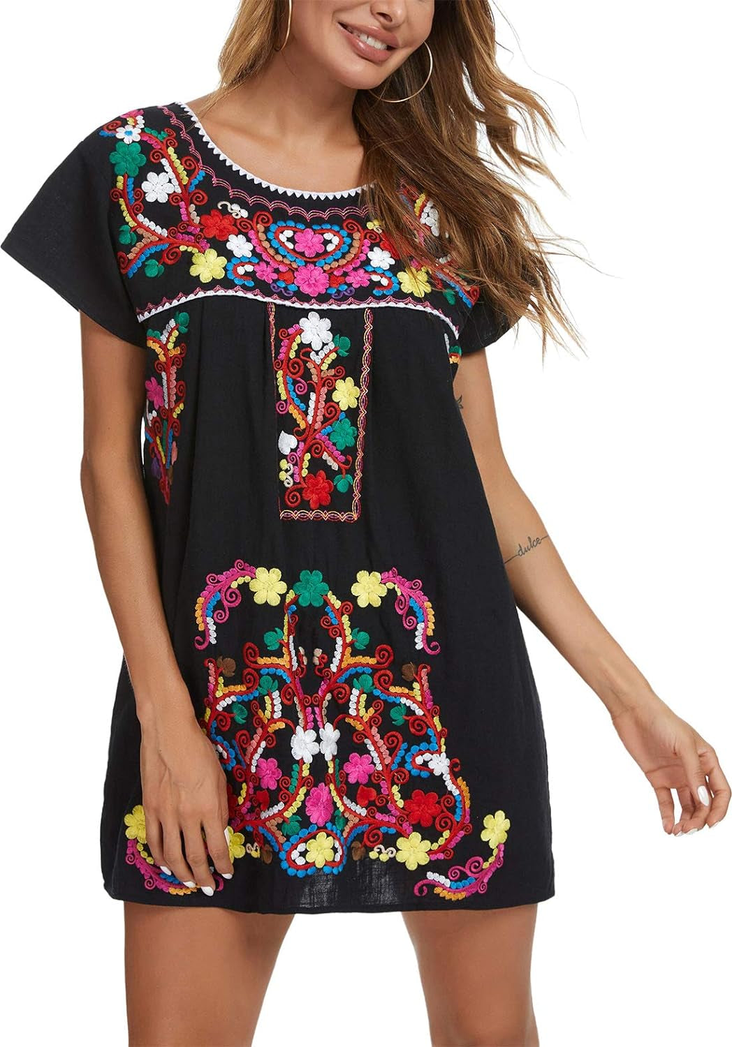 Women Mexican Embroidered Dress Short Sleeve