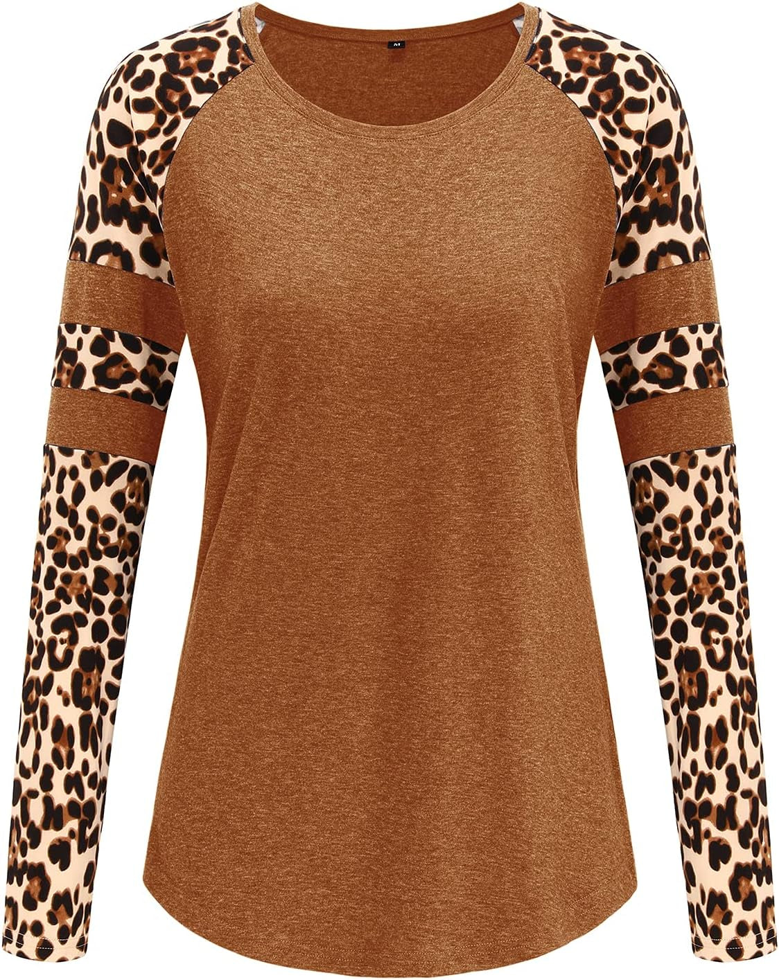 Women'S Long/Short Sleeve Leopard Print Color Block Tunic Tops Casual Raglan Shirt