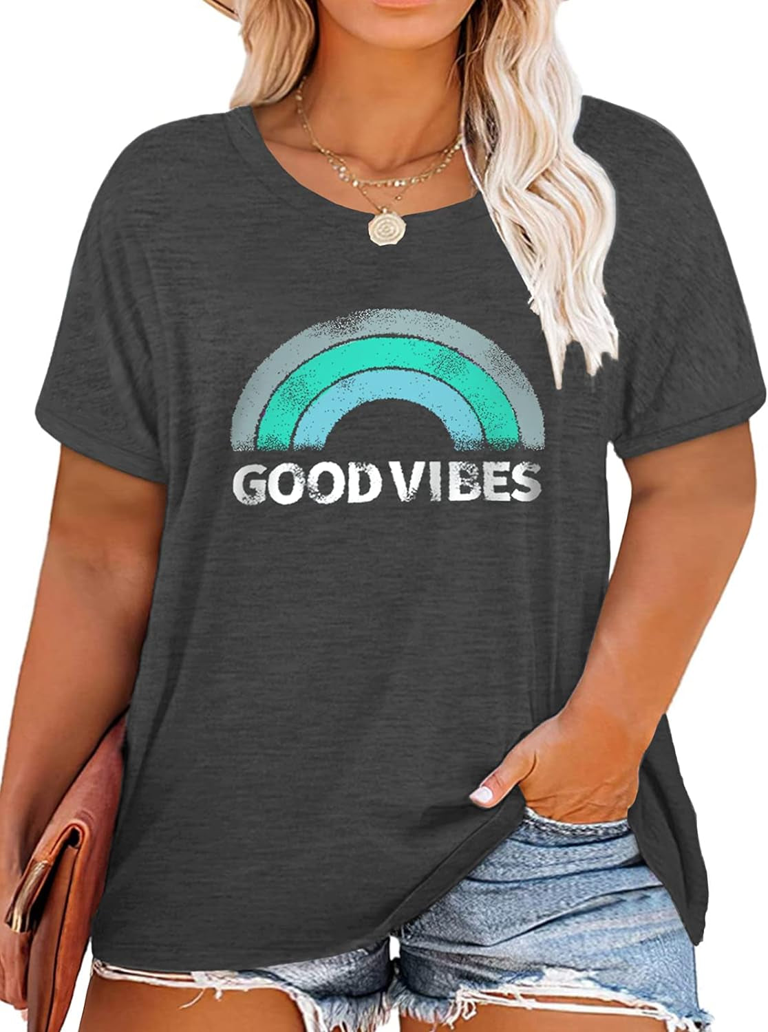 Plus Size Summer Tops for Women Good Vibes Graphic Tees Black 14W