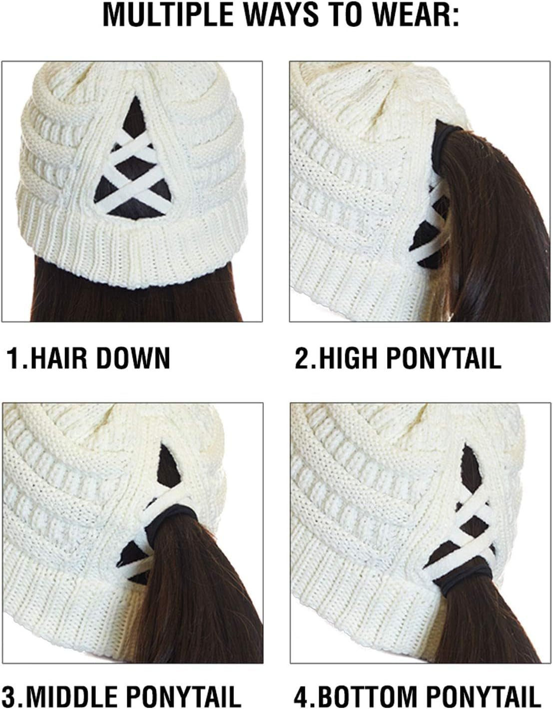 Exclusives Soft Stretch Cable Knit Messy Bun Ponytail Beanie Winter Hat for Women (MB-20A)