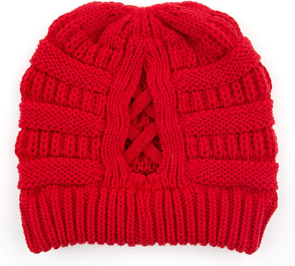 Exclusives Soft Stretch Cable Knit Messy Bun Ponytail Beanie Winter Hat for Women (MB-20A)