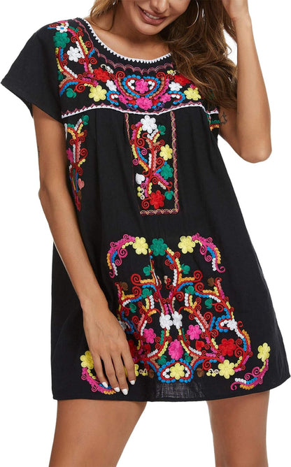 Women Mexican Embroidered Dress Short Sleeve