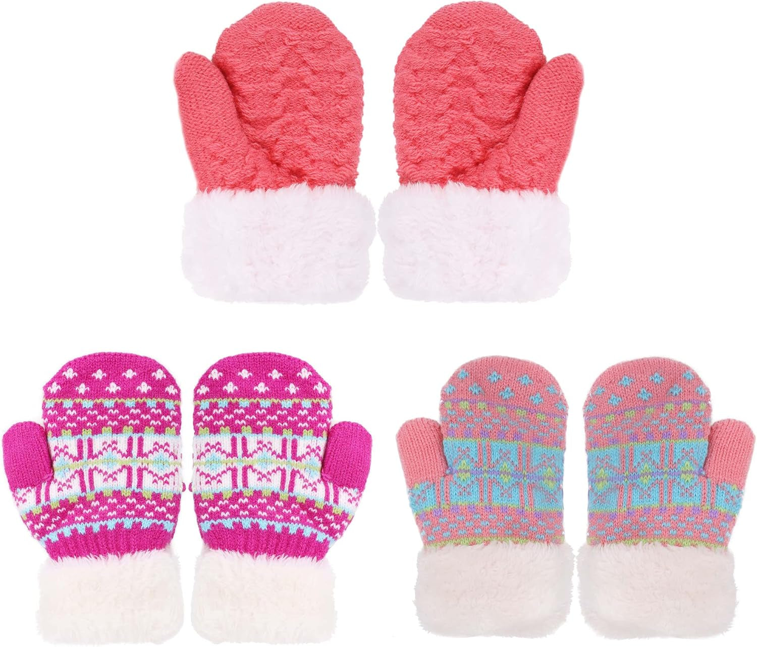 3 Pairs Kids' Sherpa Lined Knit Mittens Boys Girls Winter Gloves