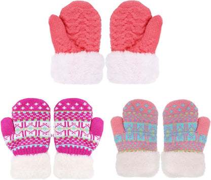 3 Pairs Kids' Sherpa Lined Knit Mittens Boys Girls Winter Gloves