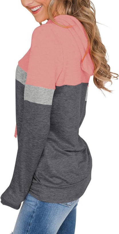 Women'S Pullover Long Sleeve Fall Hoodies Color Block Tunics Loose Casual Sweatshirts Pink X-Large