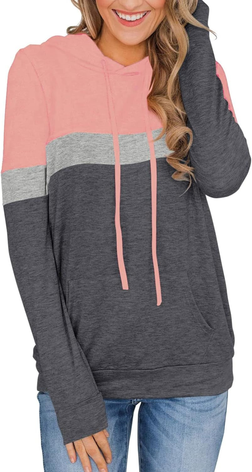 Women'S Pullover Long Sleeve Fall Hoodies Color Block Tunics Loose Casual Sweatshirts Pink X-Large