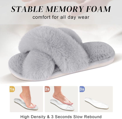 Women'S Fuzzy Slippers Comfy Cross Band House Shoes Memory Foam Open Toe Indoor Gifts for Ladies