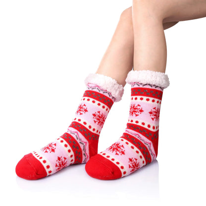 1Pair Women Fleece Slipper Socks Thermal Cozy Fuzzy Sherpa Christmas Socks Non-Skid US 5-11 Red