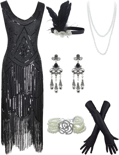 20S Flapper Gatsby Sequin Beaded Evening Cocktail Dress with Accessories Set