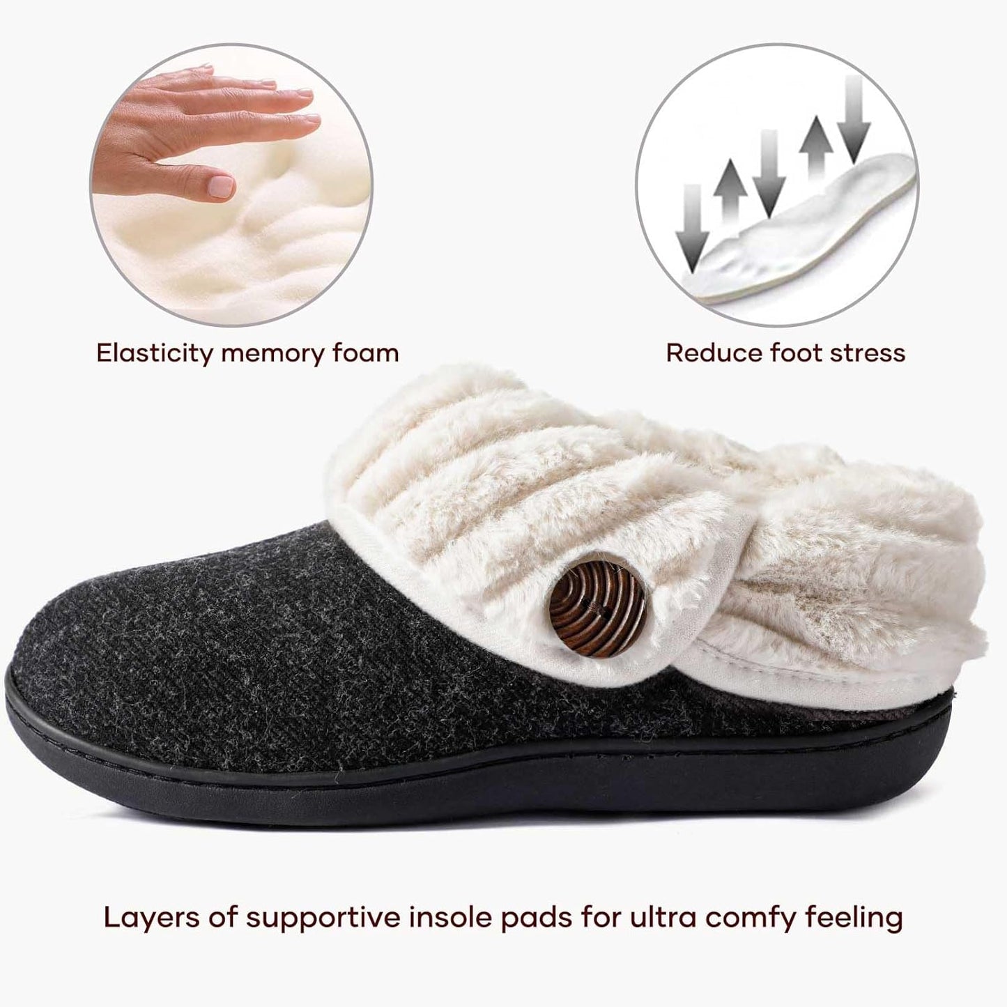 Women'S Wool Cozy Memory Foam Winter Slippers Indoor Outdoor with Fuzzy Faux Fur Collar