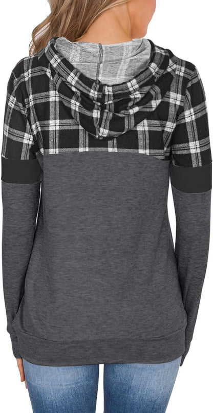 Women'S Hoodies Pollover Long Sleeve Color Block Plaid Shirts Hooded Sweatshirts with Pocket Black Plaid Small