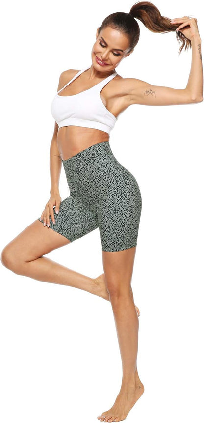 Women'S High Waist Print Workout Yoga Shorts with 2 Hidden Pockets, Non See-Through Tummy Control Athletic Shorts