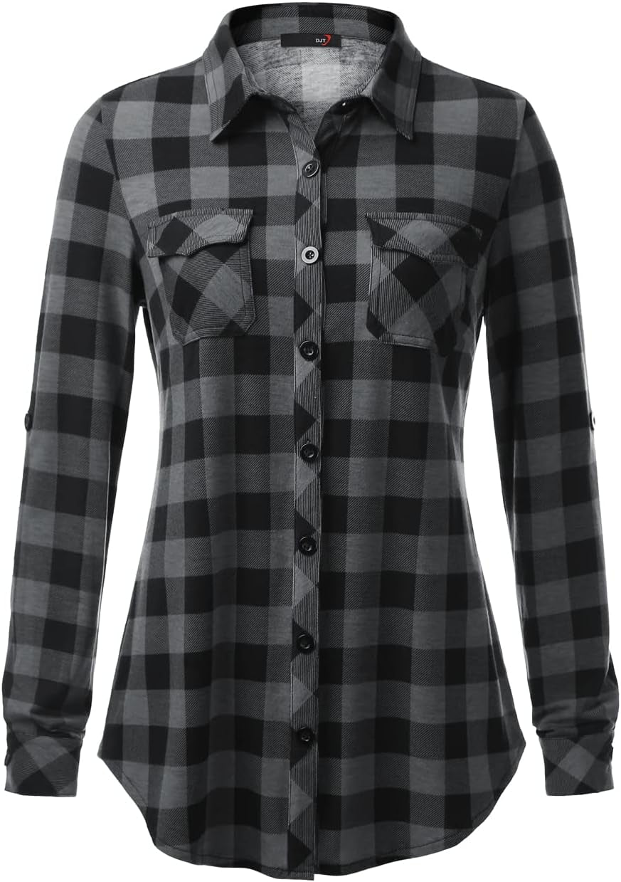 Womens Soft Stretchy Knit Plaid Shirts Roll up Long Sleeve Collared Button down Blouses Tops