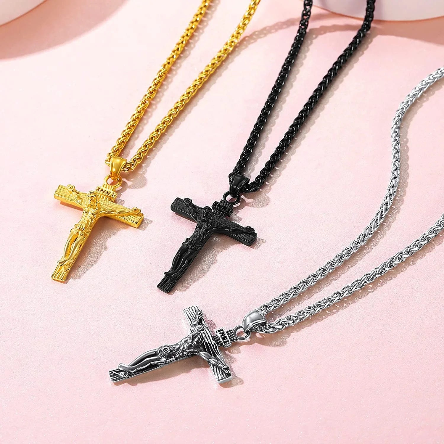 Men Gold Chain Crucifix Jesus Necklace Males Jewelry Gold Cross Pendant with 22Inch,Thanksgiving Day Gift Chain