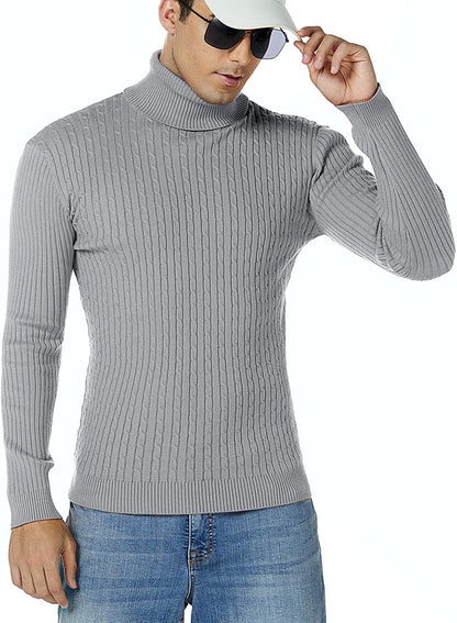 Mens Slim Fit Turtleneck Sweater Cable Knit Thermal Pullover Sweater