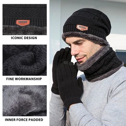 3 Pcs Winter Beanie Hat Scarf Gloves Set for Men Women, Thick Warm Cap Neck Scarf Touchscreen Gloves Fleece Lined Knitted Skull Hat, Christmas Day Gift, Black