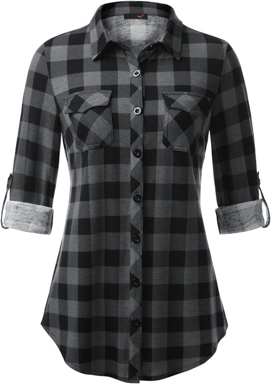 Womens Soft Stretchy Knit Plaid Shirts Roll up Long Sleeve Collared Button down Blouses Tops