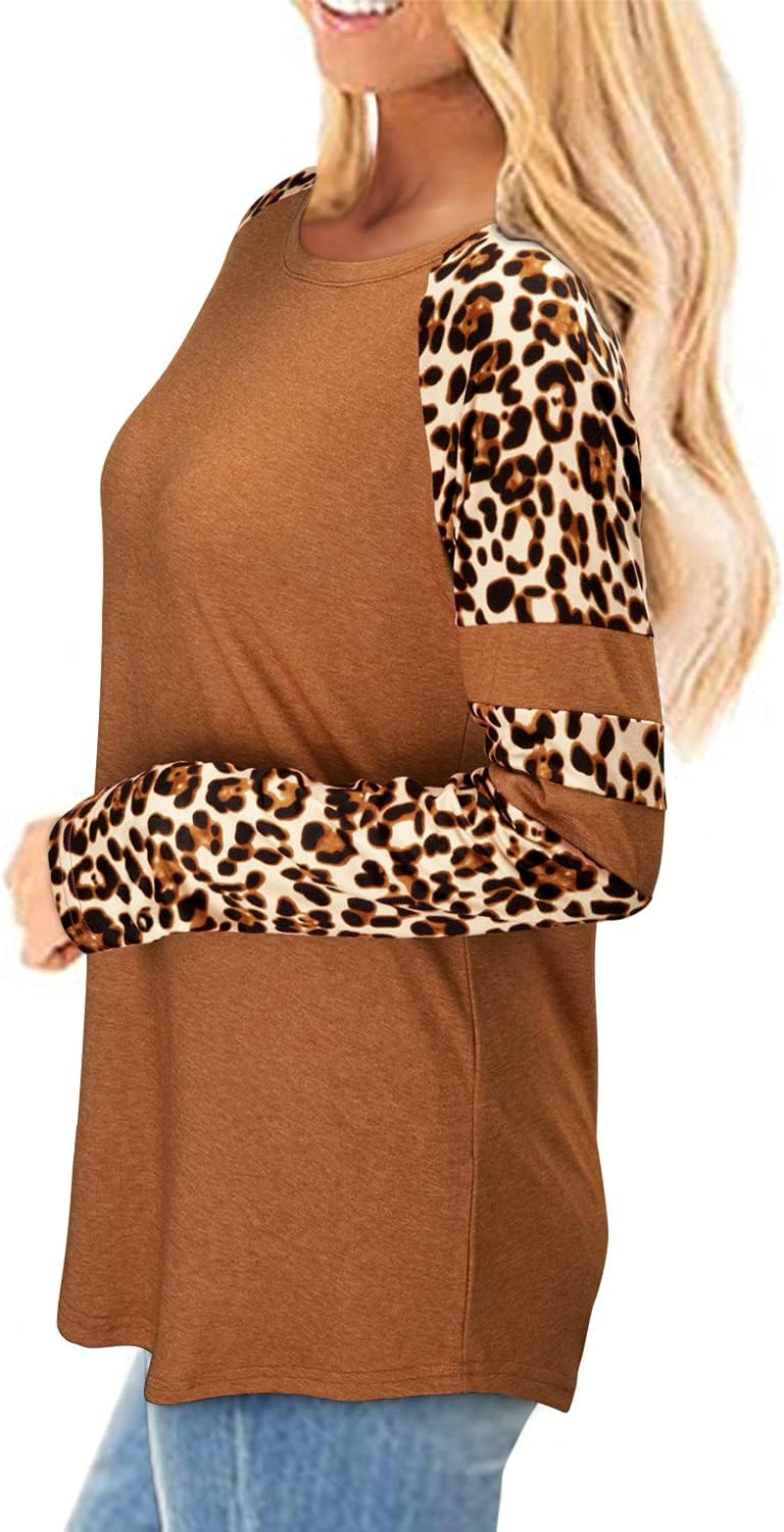 Women'S Long/Short Sleeve Leopard Print Color Block Tunic Tops Casual Raglan Shirt