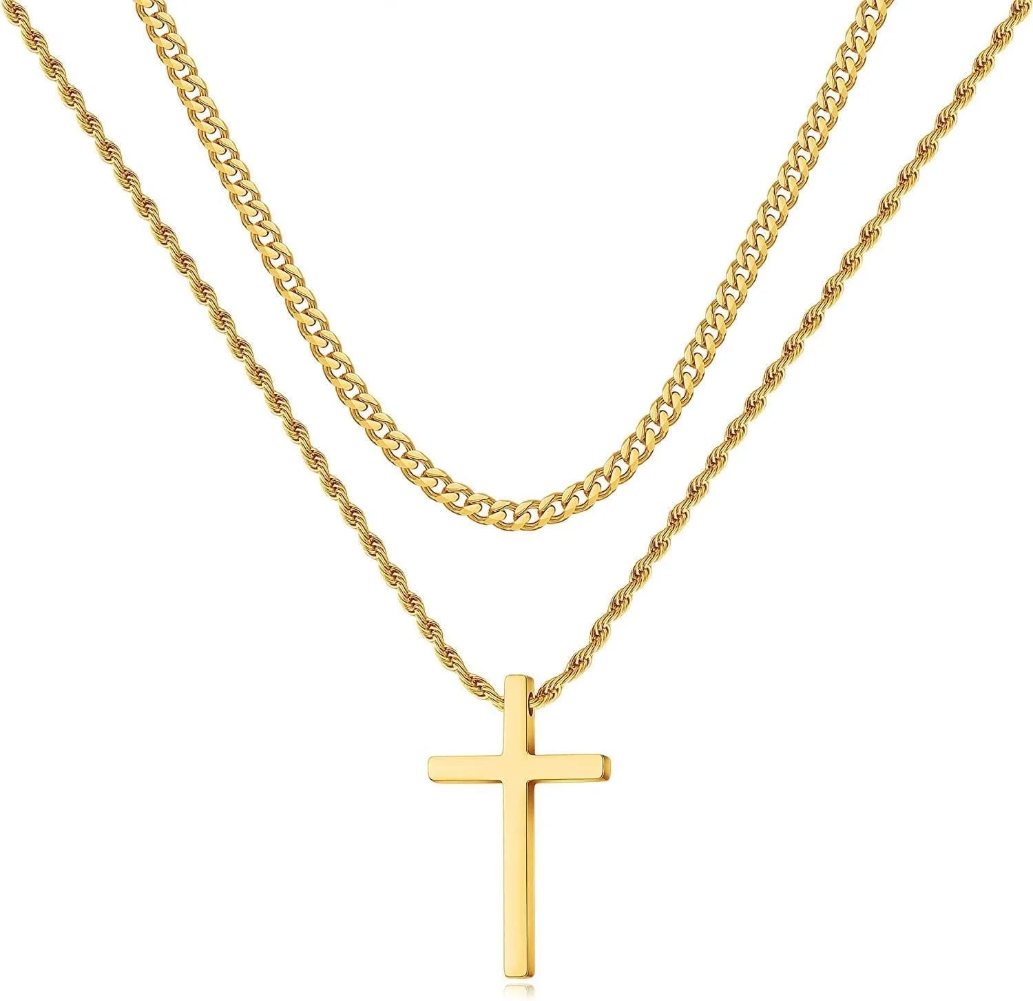 Stainless Steel Cross Necklaces for Men Layered Cuban Link Chain Rope Chain Mens Cross Necklaces Black Silver Gold Cross Pendant Necklace for Men Women 16-26 Inches